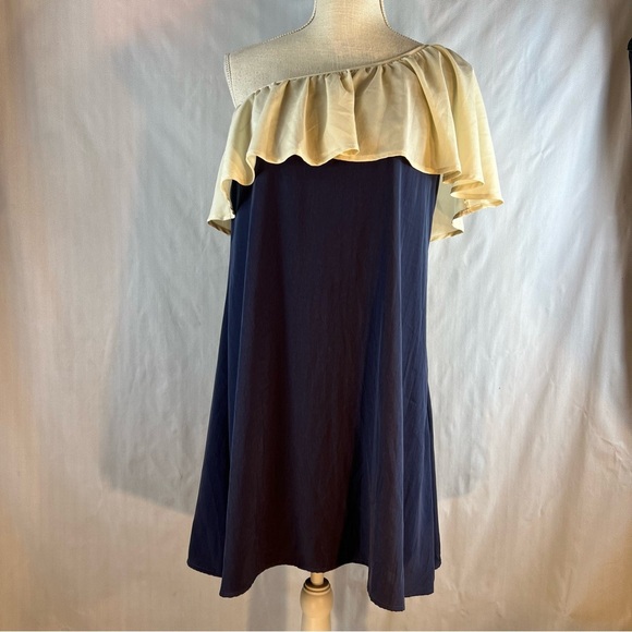 Basically Me Navy Blue One Shoulder Cream Ruffle Neckline Mini Dress L - Picture 1 of 8